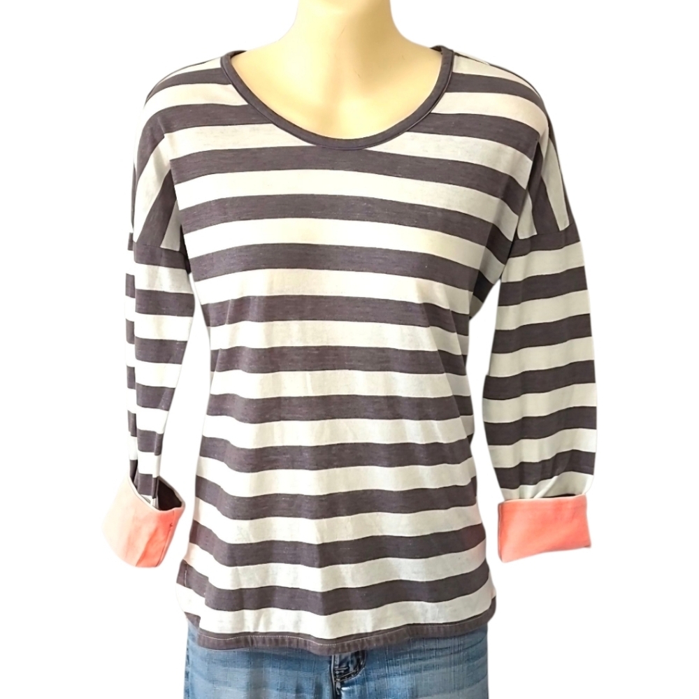 Striped Long Sleeve T-Shirt with Coral Trim